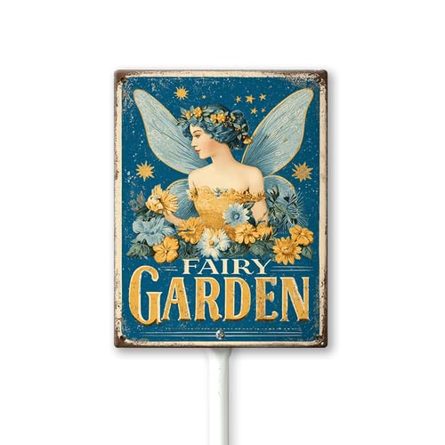 Letrero de aluminio para jardín de hadas con estacas de metal para decoración de casa/puerta delantera, resistente a la intemperie, 4.6 x 6 pulgadas