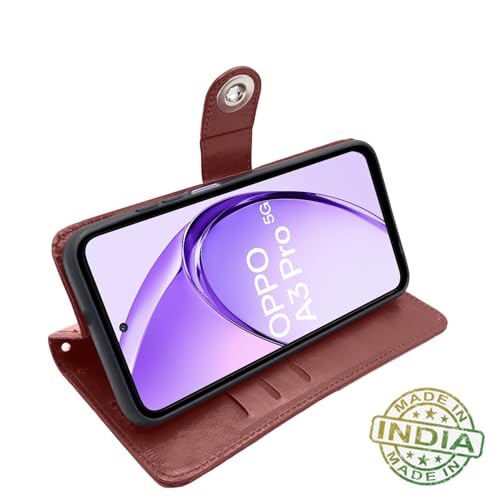 Image of Pikkme Flip Cover Leather Finish | Inside TPU with Card Pockets | Wallet Stand and Shock Proof | Complete Protection Button Flip Case for Oppo A3 Pro 5G (Brown)