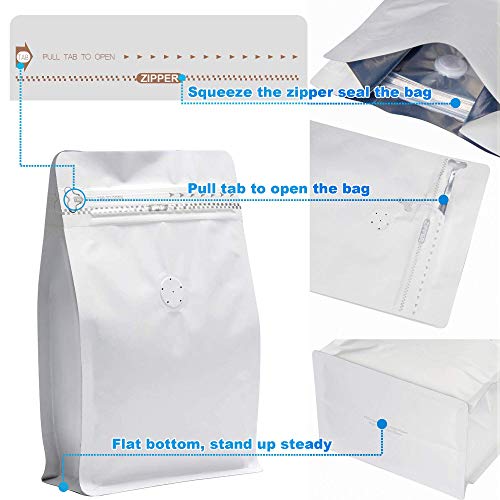 Image of 4 Ounce White Kraft Paper Coffee Bags, Stand Up Coffee Pouches with One Way Degassing Valve and Reusable Side Zipper (Pull Tab to Open) Flat Bottom - Stand Up Well (50pieces / 4oz, 0.25lb, 100gram)