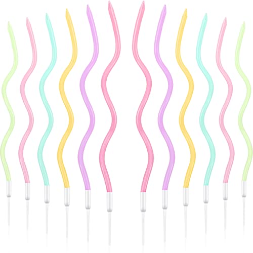 48 Pieces Twisty Birthday Spiral Cake Candles with Holders Long Thin Curly Coil Metallic Cake Cupcake Candles for Birthday Wedding Party Decoration(Colorful)