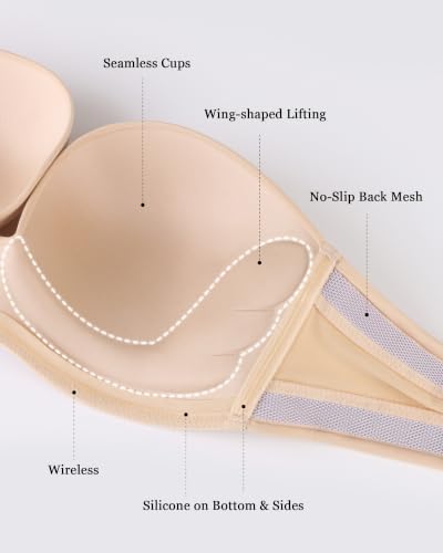 Image of HACI Push Up Strapless Bra for Women Anti-Slip Padded Wireless Stay Put
