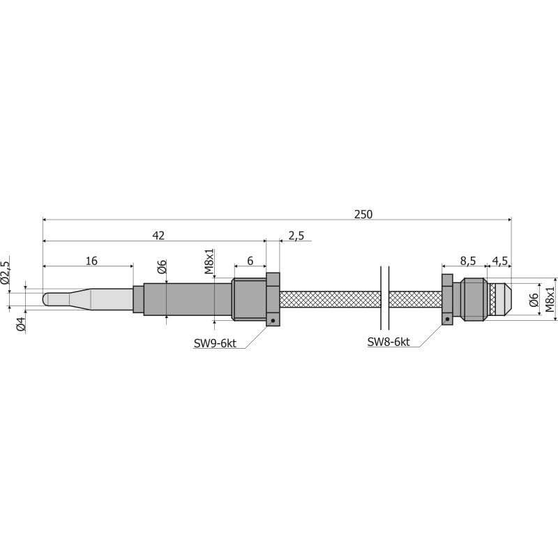 Von Paris Termoelement 1032 kompatybilny z TRUMA 30050-13900, 30010-33300 pasuje do S2200/S3002/S5002, M8x1, 250 mm długości, OEM