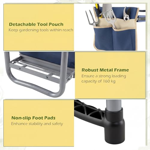 Image of 2-in-1 Garden Kneeler and Seat, Folding Garden Seat w /EVA Foam Kneeling Pad & Removable Tools Pouch, Sturdy Steel Frame, No Assembly, Portable Heavy Duty Garden Stool for Women Men Seniors