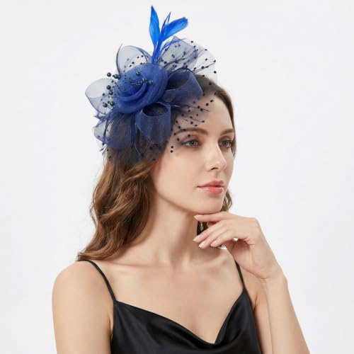 Image of DRESHOW Fascinators Hat Flower Mesh Ribbons Feathers on a Headband and a Clip Tea Party Headwear for Girls and Women