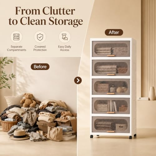 Image of KRISHYAM 5-Layer Plastic Storage Cabinet with Lift-Up Doors & Wheels, Smoky Translucent Multipurpose Clothes Organizer for Bedroom, Kids Room & Home, 123 x 50 x 26 cm