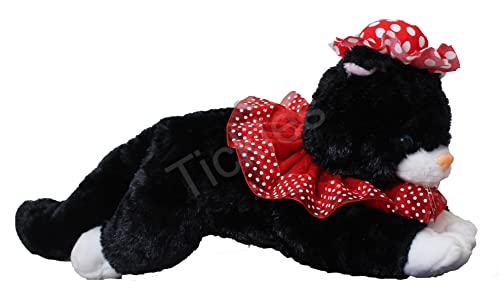 Image of Tickles Soft Stuffed Plush Animal Laying Cat Wearing Dress & Hat Toy for Kids Room (Color: Black Size: 20 cm)