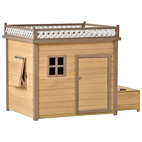 39.4�h Wooden Dog House Puppy Shelter Kennel Outdoor Indoor Plant Stand, With Wood Feeder