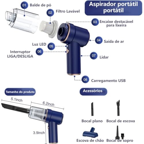 Aspirador de Pó Sem Fio Portátil Coletor de Pó Doméstico 3 em 1 Soprador de Sucção Multifuncional Co