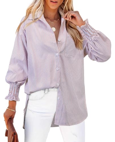 Gleeivy Striped Long Sleeve Shirt Women Button Up Smocked Work Casual Button Down Shirts and Blouses Boyfriend Oversized Pinstripe Tunic Tops Loose Fit Clothing Orange Striped XL
