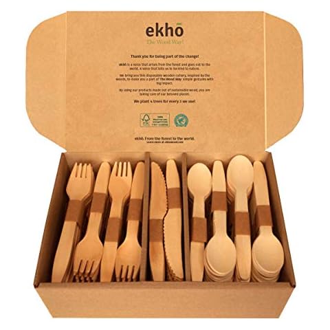 ekho The Wood Way! - Einwegbesteck Holz | 300 Stück Einwegbesteck aus nachhaltigem Holz | 120 Gabeln + 120 Löffel + 60 Messer Cover