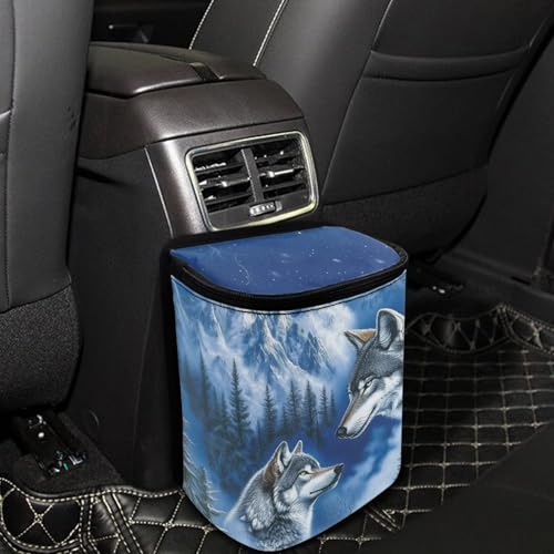 Image of Talayituse Wolf Mountain Print Car Trash Can with Lid, Leak Proof Auto Trash Bag Hanging Vehicle Garbage Can Multipurpose Storage Container for Back Seat Road Trip