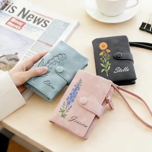 Image of Custom Wallet for Women Personalized Birth Flower & Name Purse Soft Leather Bifold Clutch with Strap Customized Gift for Mom Girlfriend