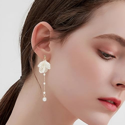 Seashell Pearl Flower Dangle Earrings for Women - Elegant Double Layer White Freshwater Pearl Bridal Jewelry, Lightweight Sparkly Golden Stud Drop Earrings for Wedding/Beach/Summer Party3
