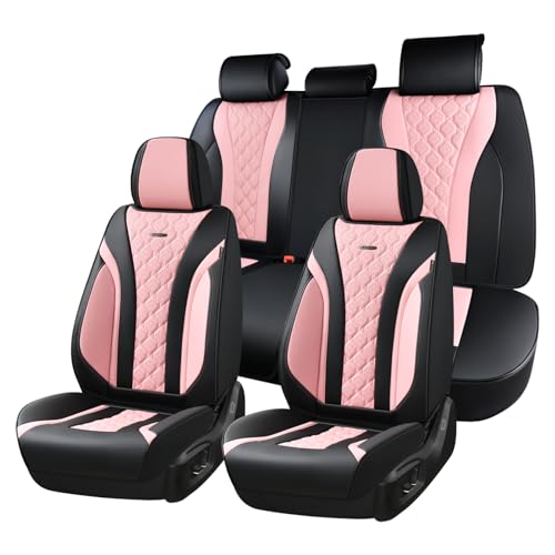 Image of Coverado Car Seat Covers, Black Pink Leather Seat Covers Full Set, Perforated Diamond Leather Car Seat Cover, Waterproof Car Seat Protector Universal 5 Seats Seat Covers Fit for Most Cars SUV Trucks