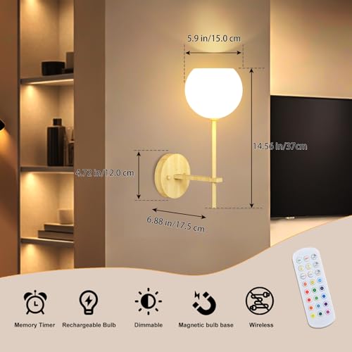 Image of Wood Grain Battery Operated Wall Sconces Set of 2, Rechargeable Wireless Wall Lights with Milky White Frosted Glass, 12 RGB and 3CCT Dimmable Wall Lamps with Remote for Bedroom Living Room Hallway