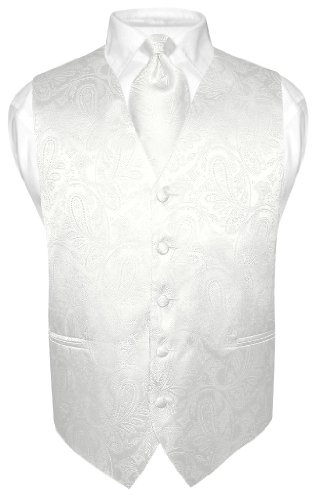 Vesuvio Napoli Men's Paisley Design Dress Vest & NeckTie Off-White Cream Color Neck Tie Set
