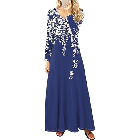 ZEFOTIM Womens Summer Clothes Easter Spring Dresses for Women Long Sleeve Dresses Vestido Maxi Dress with Sleeves Womens Summer Dresses Floral Embroidered Dress Blue Medium Cover