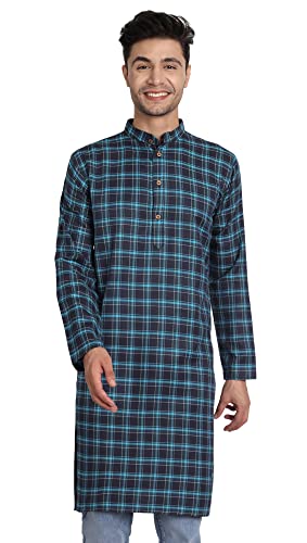 SKAVIJ Mens Indian Ethnic Cotton Straight Checked Kurta Tunic Top