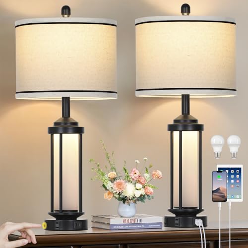 Rinweey Table Lamps Set of 2, Black Farmhouse Rustic Industrial Table Lamp with USB A+C Ports & AC Outlet, 26" Modern Bedside Lamps with LED Night Light & Linen Fabric Lampshade, Lamps for Bedroom
