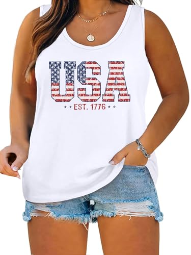 Image of Ithalt Plus Size 4th of July Tops for Women American Flag Tank Tops USA Patriotic Shirts Red White and Blue Sleeveless