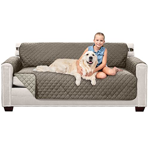 Sofa Shield Couch Slip Covers for Dogs, Reversible Furniture Protector with Strap, Stain and Tear Resistant Cushion Cover, 70 inch Seat, Machine Washable Slipcover Pets, Cats, Latte Linen