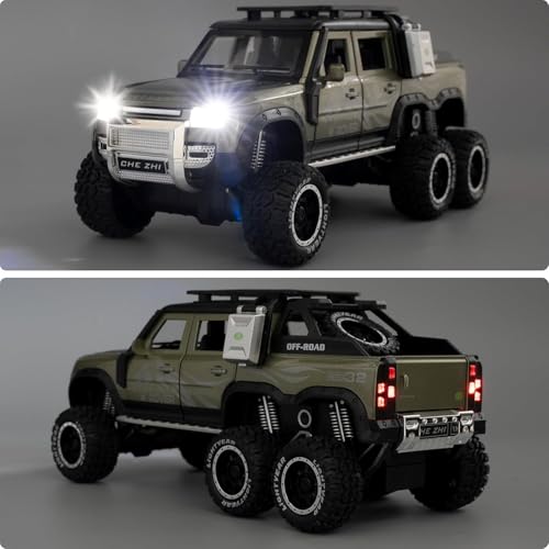 Image of 1:24 Land Rover Defender Six Wheels Off-Road Pickup Car Model, Pull Back Diecast Truck Collectible with Sounds & Lights, Gift for Kids, Boys, Girls, and Adults (Green)
