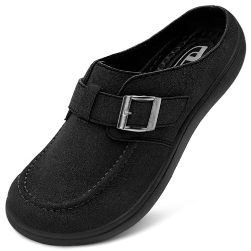 JOINFREE Mens Wide Suede Clogs Zero Drop Potato Shoes Diabetic Mules for Swollen Edema Comfort Slip On Sandals Indoor & Outdoor Use Black Size 9