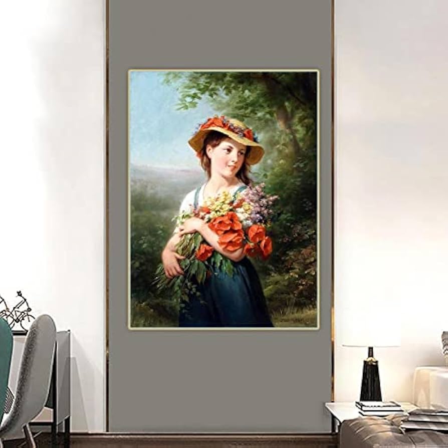 Amazon.co.jp: 絵画 インテリア野花の花束を持つ少女