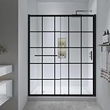 FELYL 56-60' W x 72' H Framed Grid Pattern Single Sliding Shower Door with 1/4' (6mm) Clear SGCC Tempered Glass in Matte Black Finish, Reversible Installation