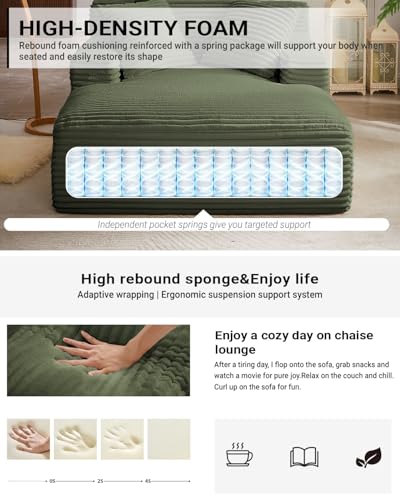 Image of 67 Inch Chaise Lounge Chair Indoor, Oversized Corduroy Upholstered Boneless Sofa Bed, Deep Seat Sleeper Couch Reading Chairs, Cloud Sofas Couches for Living Room, No Assembly Required (Olive Green)