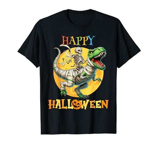 Skeleton Riding Mummy Dinosaur T Rex Happy Halloween T-Shirt