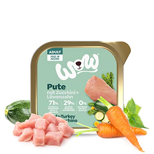 WOW Hundefutter nass Adult mit Pute, 11x 150g I reichhaltiges Nassfutter für ausgewachsene Hunde aller Rassen I beste Qualität mit viel Fleisch, Zucchini & Löwenzahn I hohe Akzeptanz & Verträglichkeit