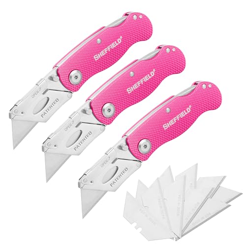 Image of Sheffield Lock Back Utility Knife 3 Pack with 10 Utility Knife Blades | Box Cutter with Aluminum Texture Grip Handle, Features Pocket Clip, Patented Quick Change Utility Blade Mechanism
