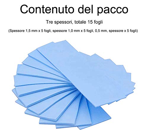 E-Futura Pad Termico in Silicone Spesso 3 [3 x 5 Confezioni] 15 Pad Termici a Doppia Faccia con Una Potenza di CPU SSD GPU LED IC chipset Raffreddamento, Blu