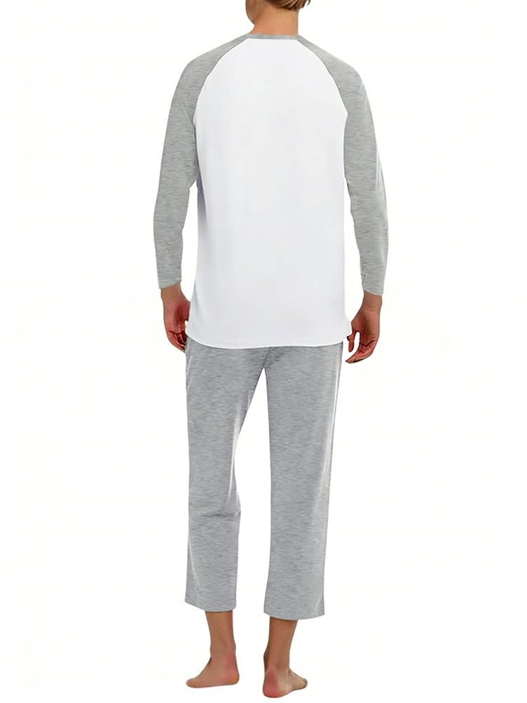 Uomo Pigiama a Blocchi di Colori Set Due Pezzi con Girocollo Tshirt a Maniche Lunghe e Plaid/Tinta Unita Pantaloni Morbido Traspirante Pigiameria Casual per la Casa