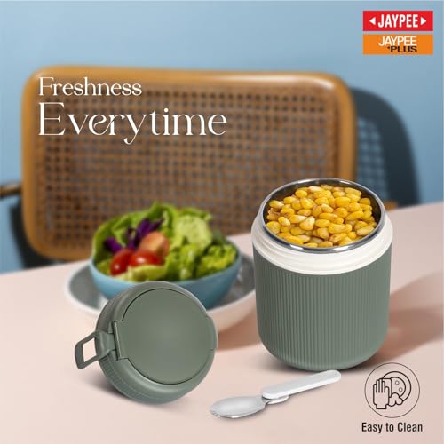 Image of JAYPEE SoloMeal PUF Insulated Inner Stainless Steel Food Jar with Foldable Spoon|Hot /Cold Meal Jar for Kids|Office Women |Men|Food Storage Traveling Box Light Weight |Scratch Resistant|500 ml, Green
