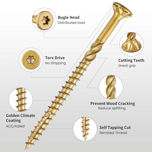 Image of #9 x 2-1 /2 in Multi-Purpose Wood Deck Screw for Interior and Exterior,Bugle Head,Golden Coated with T25 Bit Star Drive Torx for Furniture Building /Fence /Decking(1LBS,85Pcs)