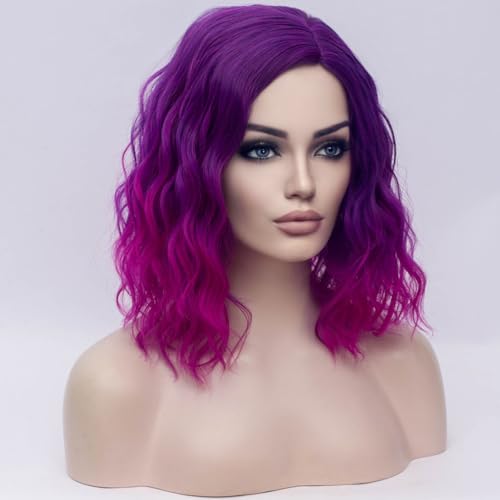 Image of BERON Purple Ombre Wigs for Womens Short Curly Wavy Girls Wig Dark Roots Purple Shoulder Length Hair Wig with Heat Resistant Synthetic Cosplay or Daily Use Wigs