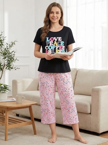 Image of CHUNG Women Cotton Pajama Sets Sleepwear pjs Short Sleeve Shirt Capri Length Crop Pants Cute Vivid Print