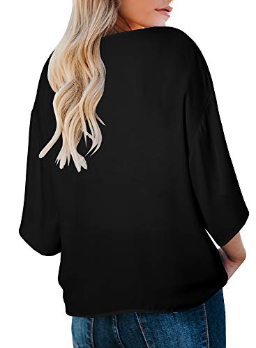 Blusas femininas de chiffon de manga curta com laço frontal e decote em V floral Farktop, Zz Black,