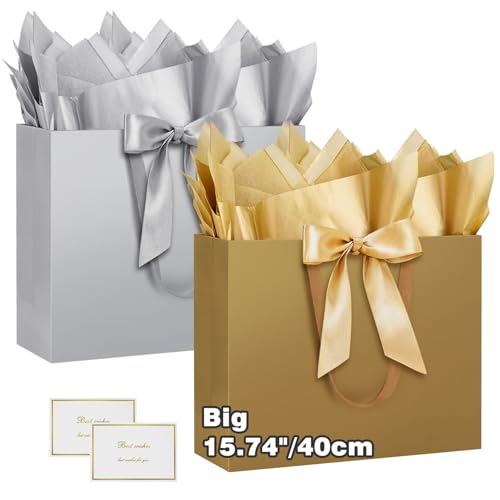HONTIUS Sacchetto regalo extra large, 2 sacchetti regalo verticali da 40 cm per regali, grande sacchetto di carta con carta velina e biglietti, 40 x 30 x 12,5 cm, per matrimoni, compleanni, feste