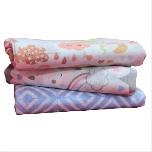 Image of Trance Home Linen Super Soft 100% Cotton Large Malmal Swaddle Cloth | New Born Baby Blanket | Baby Swaddle Wrap (Large, 145 x 145 cm, Stars & Clouds) - Pack of 3 pcs