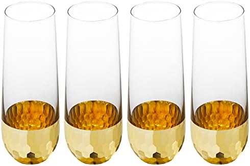 MyGift Modern Stemless Champagne Flute Glass Set of 4 Party Drinkware, Cocktails Prosecco Mimosa Glasses with Hammered Brass Plated Bottoms