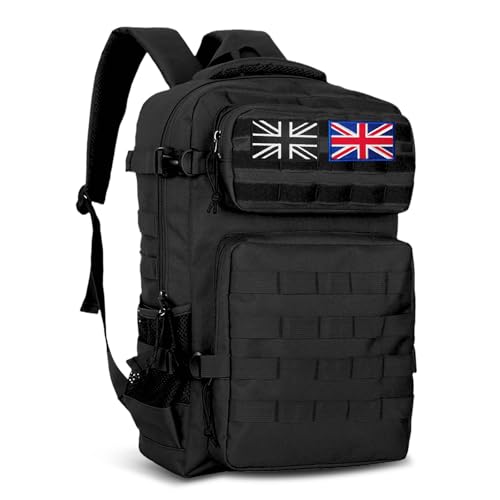Lesbyit 36L Waterproof Hiking Backpack with Ventilated Straps, Multi-Compartment Camping Rucksack for Trekking, Travel & Outdoor – Tactical Backpack with 2 Flag Patches