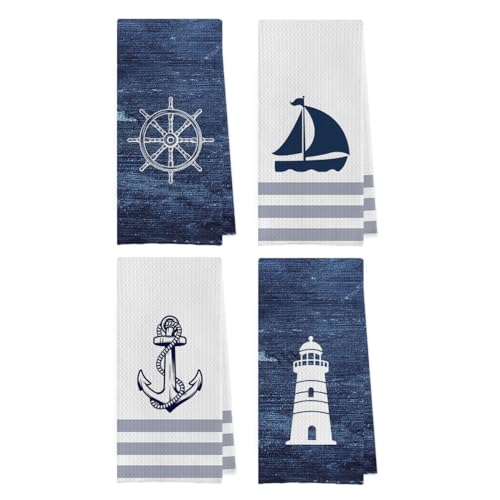Geqtt Nautical Hand Towel - 100% Waffle Weave Microfiber Quick Dry Absorbent Coastal Bathroom Decor Set of 4 Navy Blue Small Square 16x24 inches