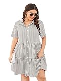TADKEE Women's Cotton Blend Classic Standard Length Dress Shirt (FN-Striped-Plus-Dress-134-Grey-L_Grey_L)