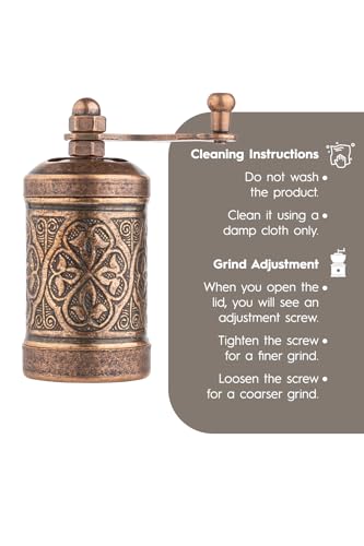 Glios Decorative Handmade Black Pepper Grinder, Refillable Turkish Spice Mill with Adjustable Coarseness, Manual Pepper Mill with Handle, Spice Grinder with Hand Crank 8 cm-3.1 inch (Bronze)
