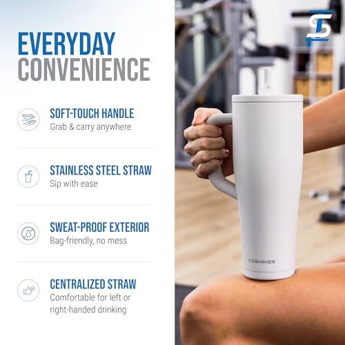 Image of Ice Shaker 40 oz Tumbler with Handle and Straw | 40oz White | Cold for 30+ Hours | 2-in-1 Tumbler Shaker Bottle | Odor-Free 40 ounce Bottle for Water, Protein Shakes, Smoothies, Cocktails
