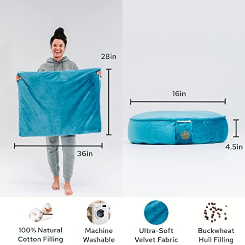 Image of Mindful Modern Meditation Cushion & Mat Bundle - Luxury Velvet Zafu Floor Pillow & Rectangular Mat - Turquoise