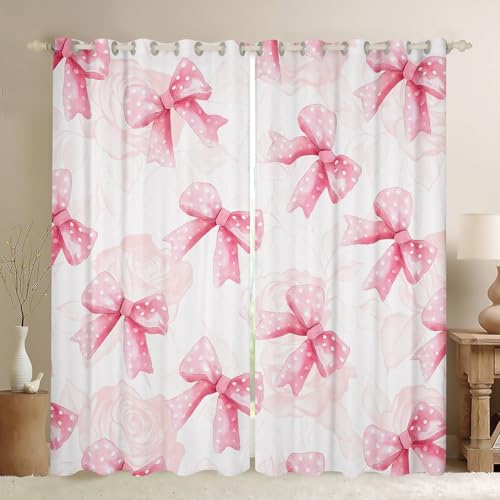 Homemissing Pink Bow Curtains (2 Panels,W46*L72) For Kids Adults Girls Teens Dreamy Princess Style Window Curtains Kawaii Bowknot 30%-50% Blackout Curtain Room Decor Bow Window Treatments